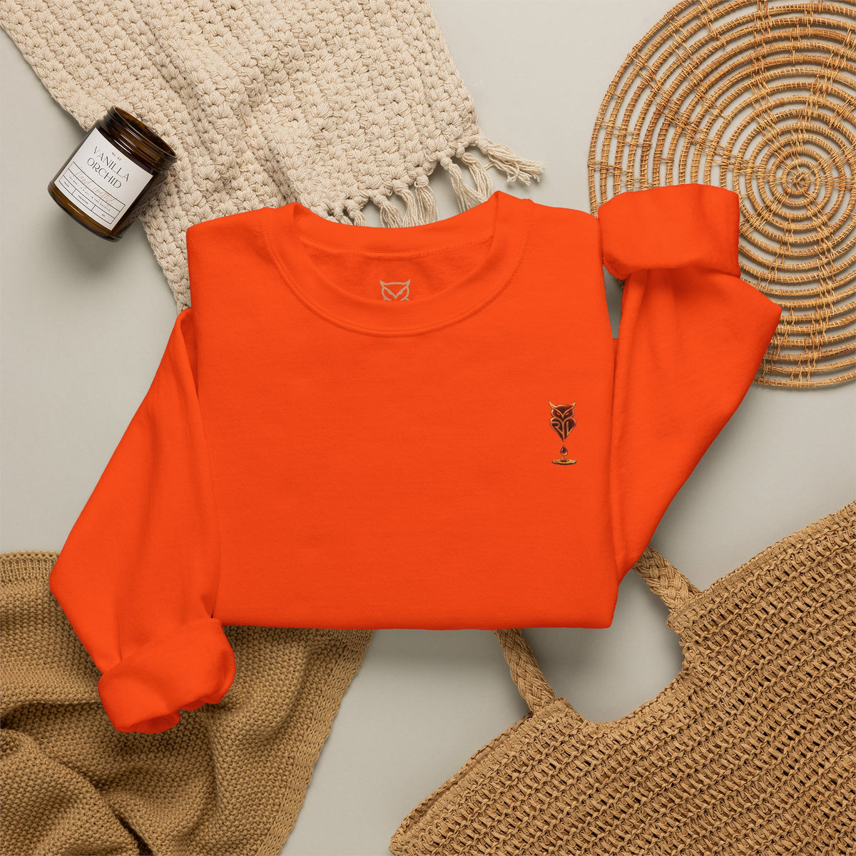 Rare Lab Drip Owl crewneck: Rare Lab owl in glossy amber with an espresso drop, on the left chest