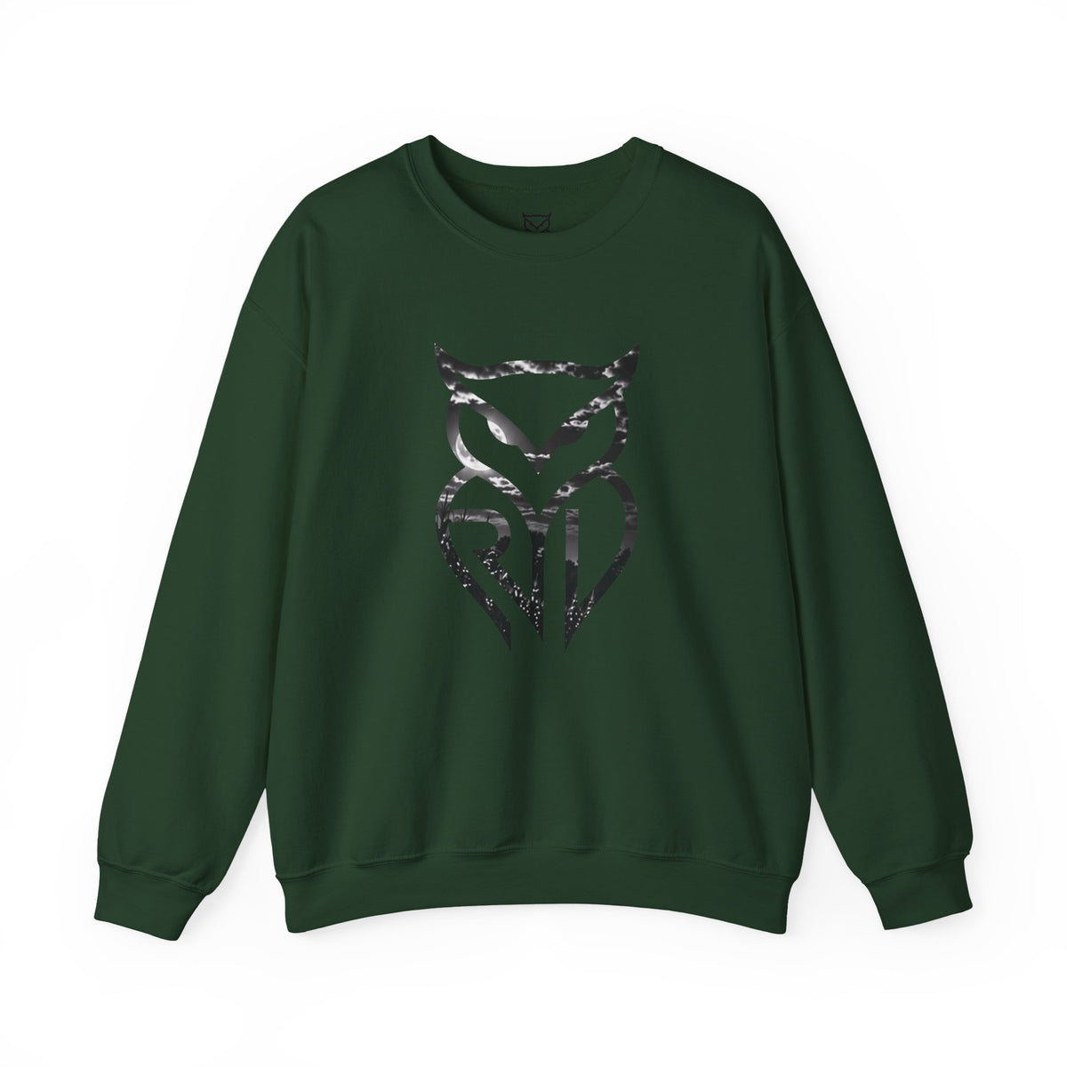 Rare Lab Midnight Owl crewneck in Forest Green: large night-sky owl on the front, C10 truck under a full moon on the back