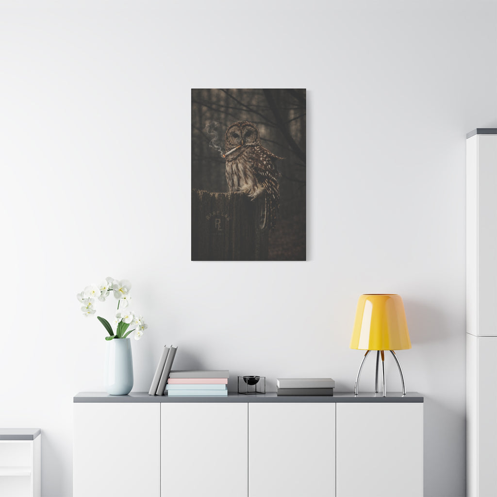 Rare Lab Smoke & Stillness matte canvas: a barred owl on a weathered post with a thin trail of smoke against the dark