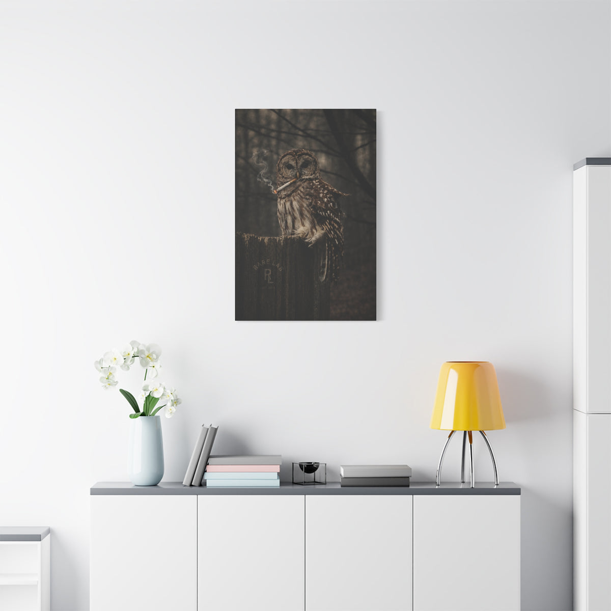 Rare Lab Smoke & Stillness matte canvas: a barred owl on a weathered post with a thin trail of smoke against the dark