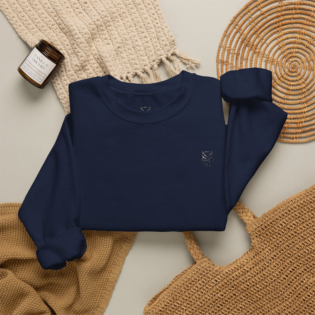 Rare Lab After Dark Midnight crewneck in Navy: small night-sky owl on the chest, C10 truck under a full moon on the back