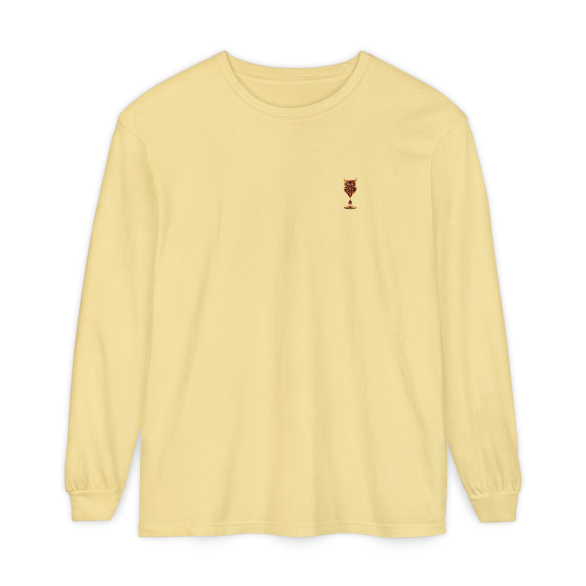 Rare Lab Drip Owl long sleeve tee: Rare Lab owl in glossy amber with an espresso drop, on the left chest