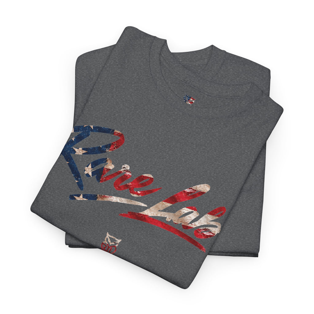 Rare Lab Brush Stroke American Flag tee: faded brush stroke logo in flag colors across the chest