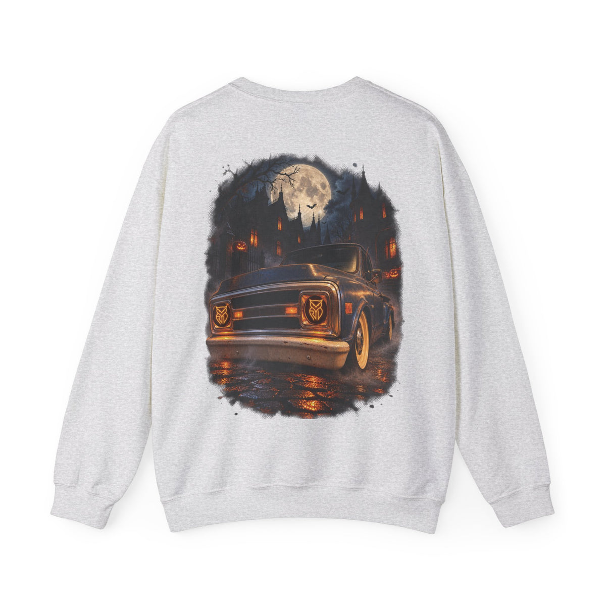 Rare Lab After Dark crewneck sweatshirt: small glowing Rare Lab owl jack-o'-lantern on the chest, C10 truck with owl jack-o'-lantern headlights on the back