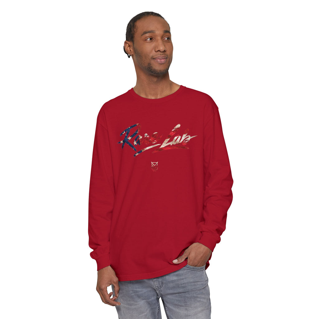 Rare Lab Brush Stroke American Flag long sleeve tee: brush stroke flag script across the chest
