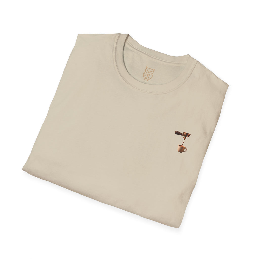 Rare Lab Espresso Drip tee: small Rare Lab Drip espresso design on the chest