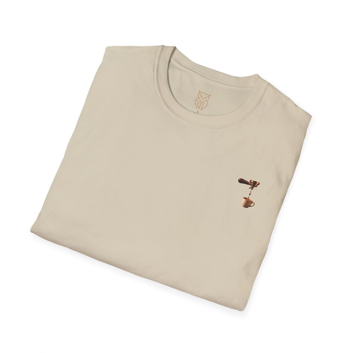 Rare Lab Espresso Drip tee: small Rare Lab Drip espresso design on the chest