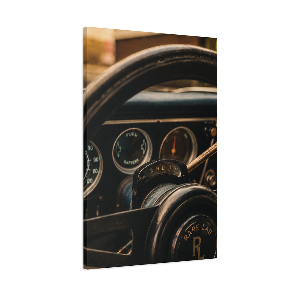 Rare Lab GT Column Shift canvas: close-up of a vintage steering column and wheel in cool blue tones