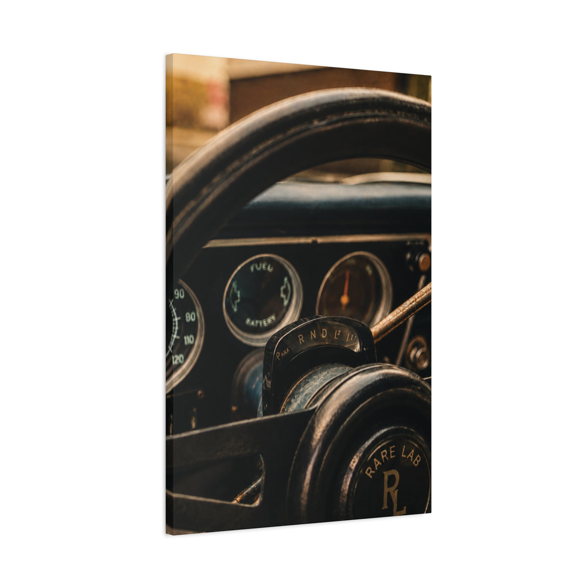Rare Lab GT Column Shift canvas: close-up of a vintage steering column and wheel in cool blue tones