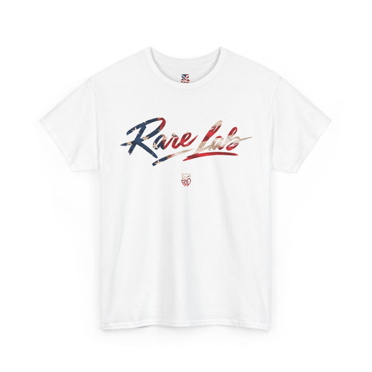 Rare Lab Brush Stroke American Flag tee: faded brush stroke logo in flag colors across the chest