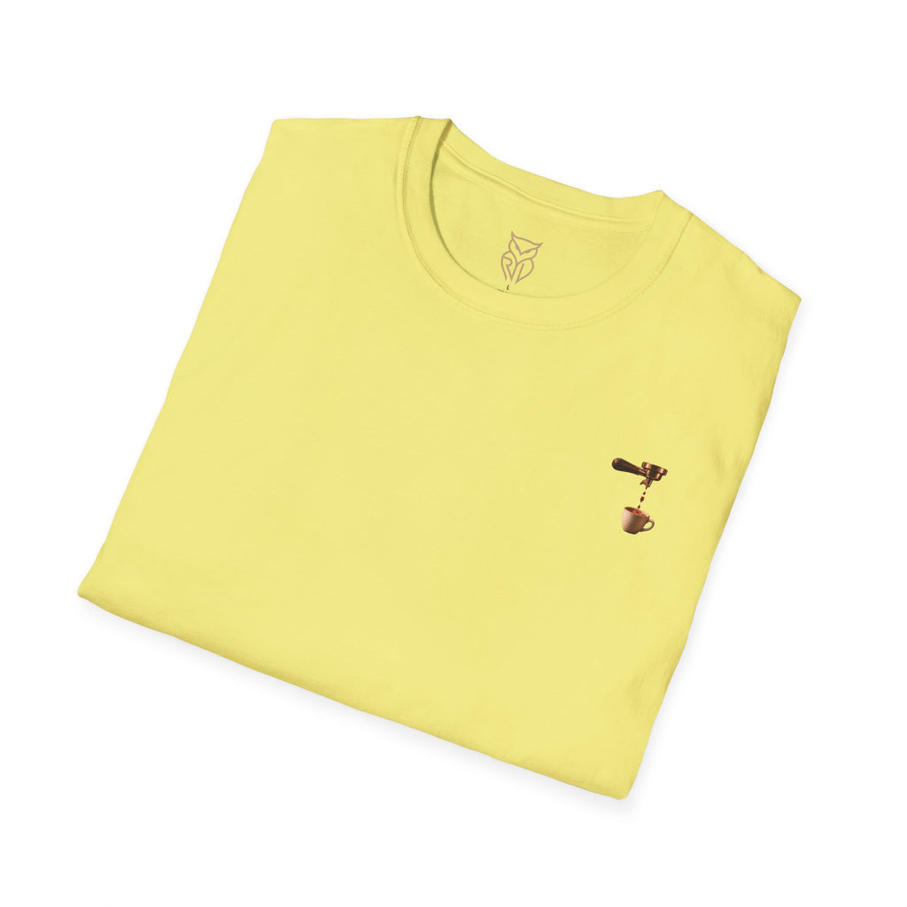 Rare Lab Espresso Drip tee: small Rare Lab Drip espresso design on the chest
