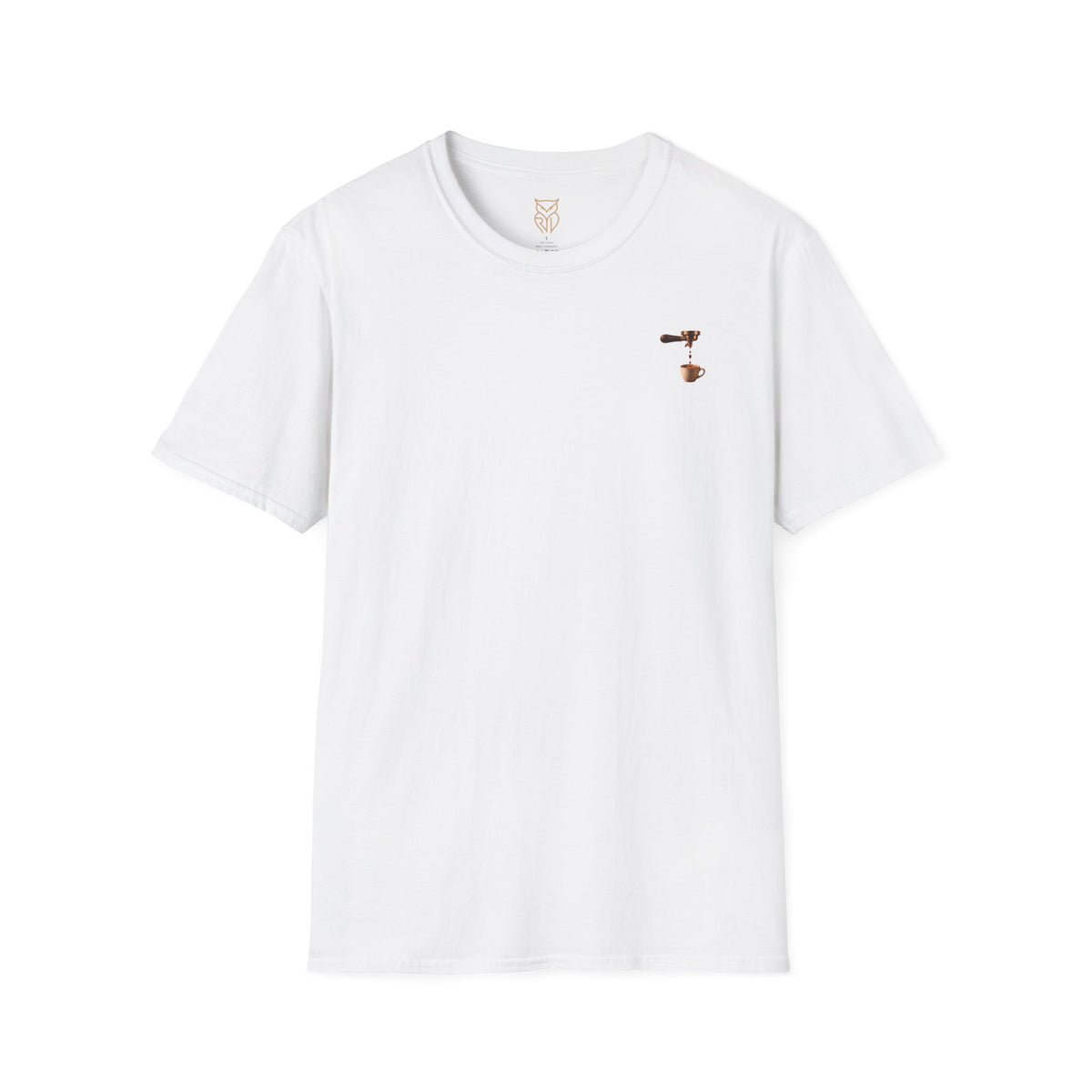 Rare Lab Espresso Drip tee: small Rare Lab Drip espresso design on the chest