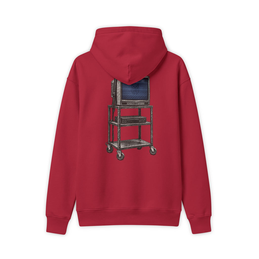 Rare Lab Retro TV Cart hoodie: minimal linework on the chest, vintage TV on a rolling cart on the back