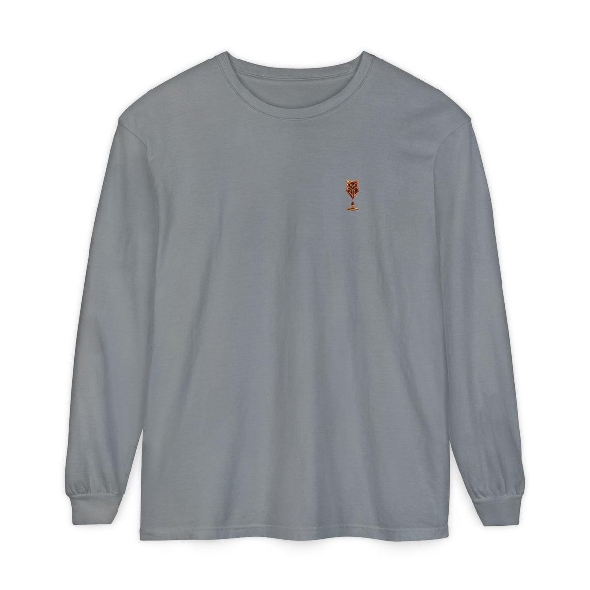 Rare Lab Drip Owl long sleeve tee: Rare Lab owl in glossy amber with an espresso drop, on the left chest