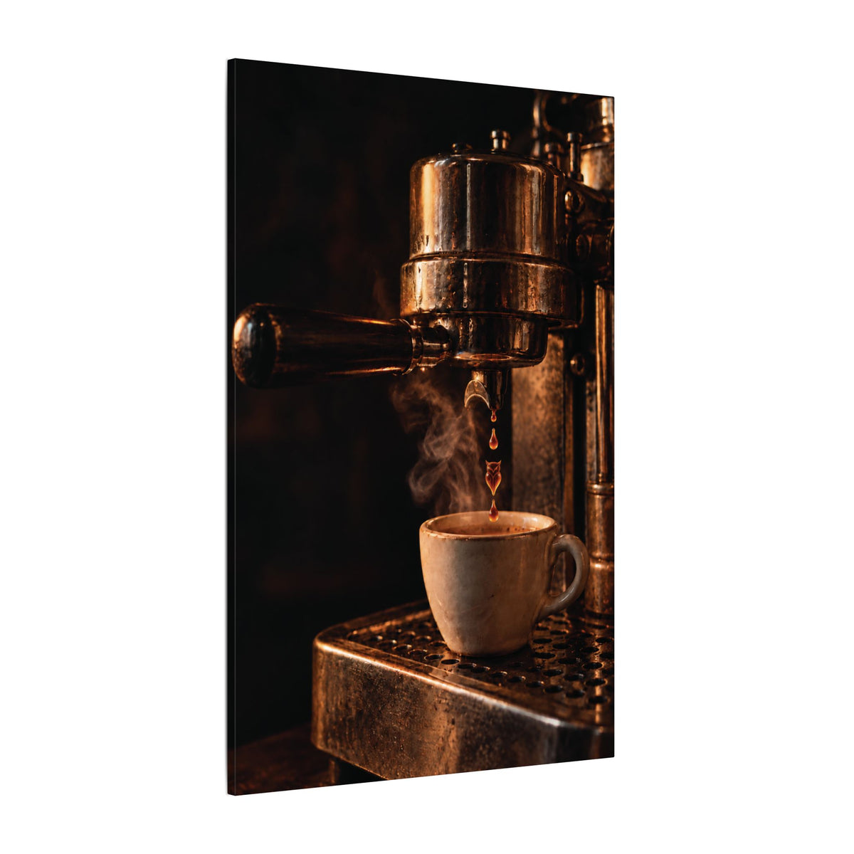 Rare Lab Drip espresso machine canvas: a slow espresso pour and a steaming cup in warm amber tones
