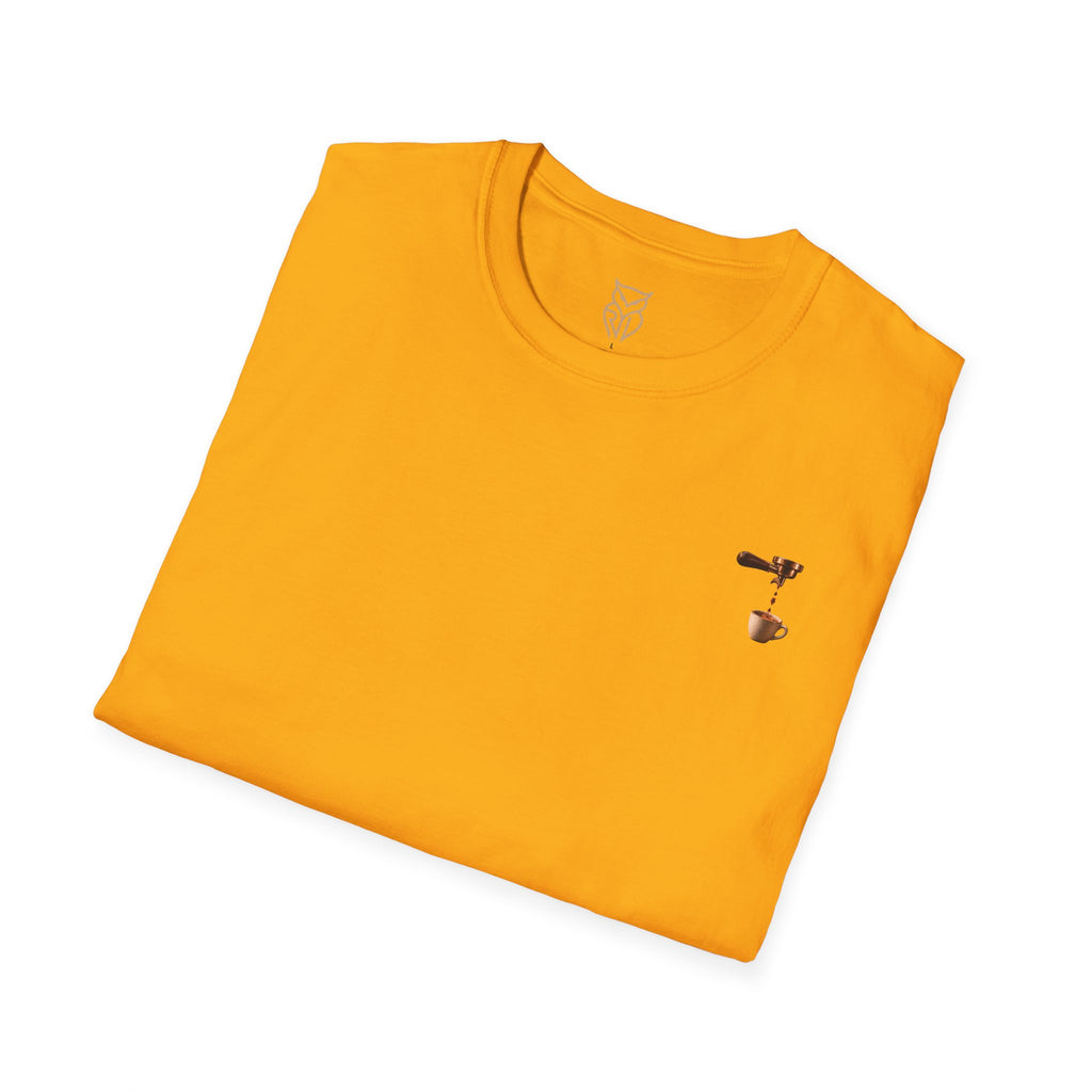Rare Lab Espresso Drip tee: small Rare Lab Drip espresso design on the chest