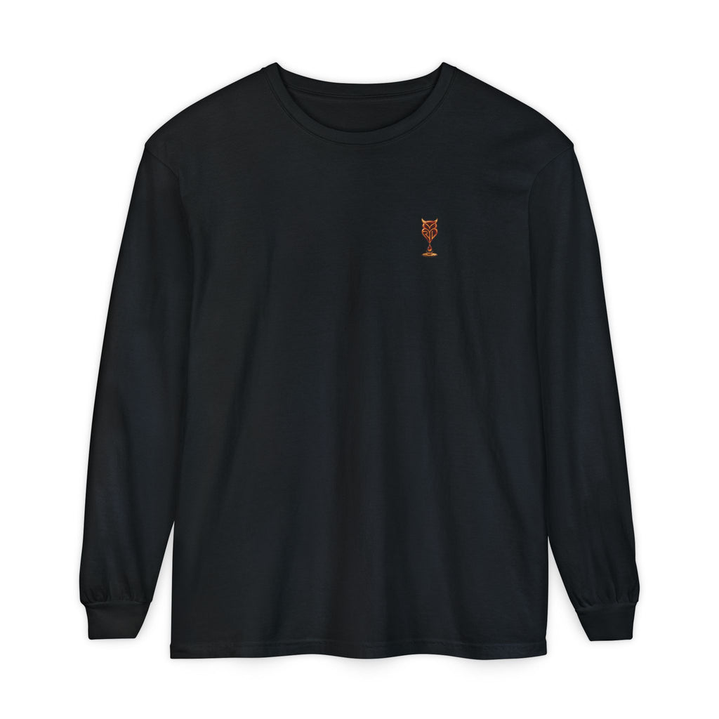 Rare Lab Drip Owl long sleeve tee: Rare Lab owl in glossy amber with an espresso drop, on the left chest