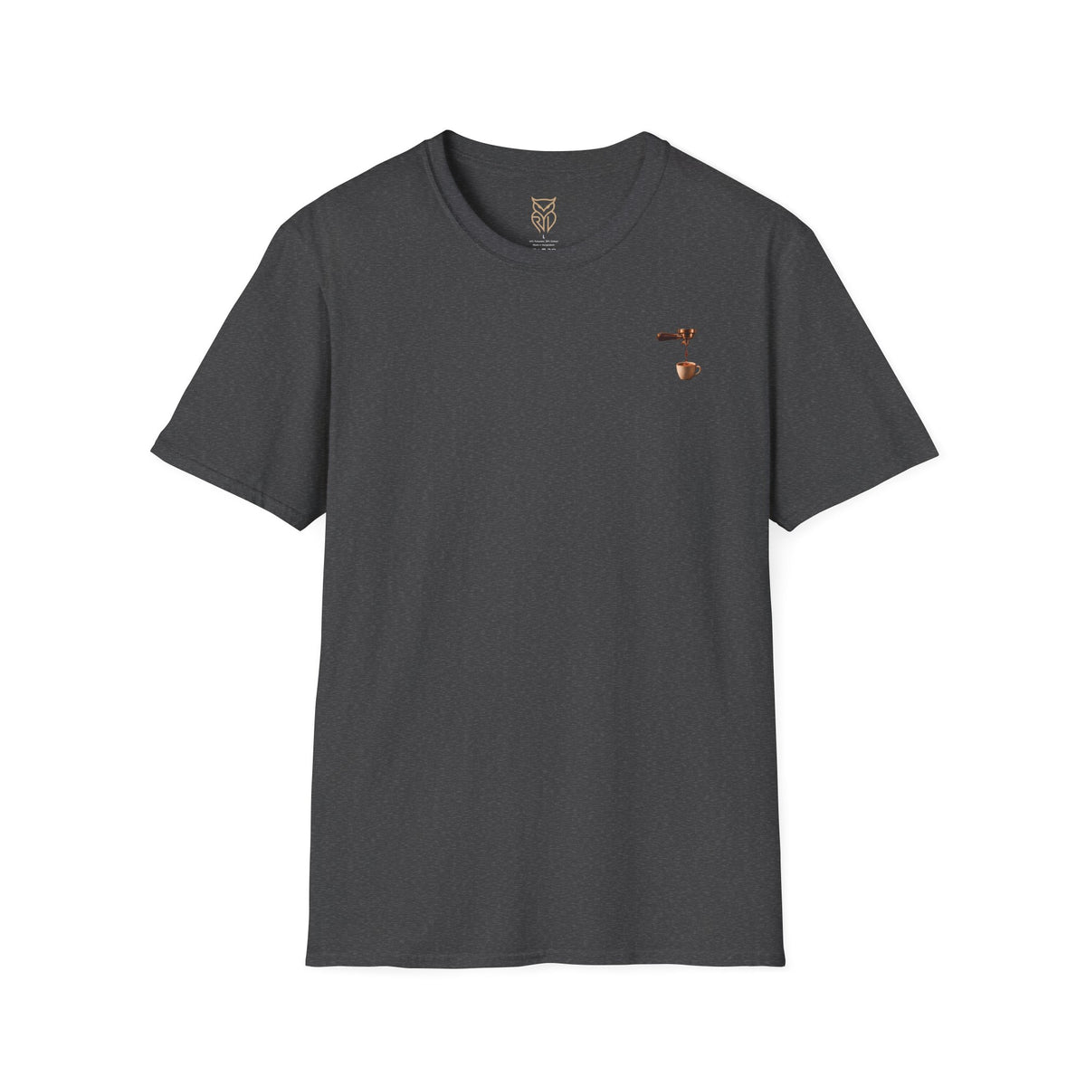 Rare Lab Espresso Drip tee: small Rare Lab Drip espresso design on the chest