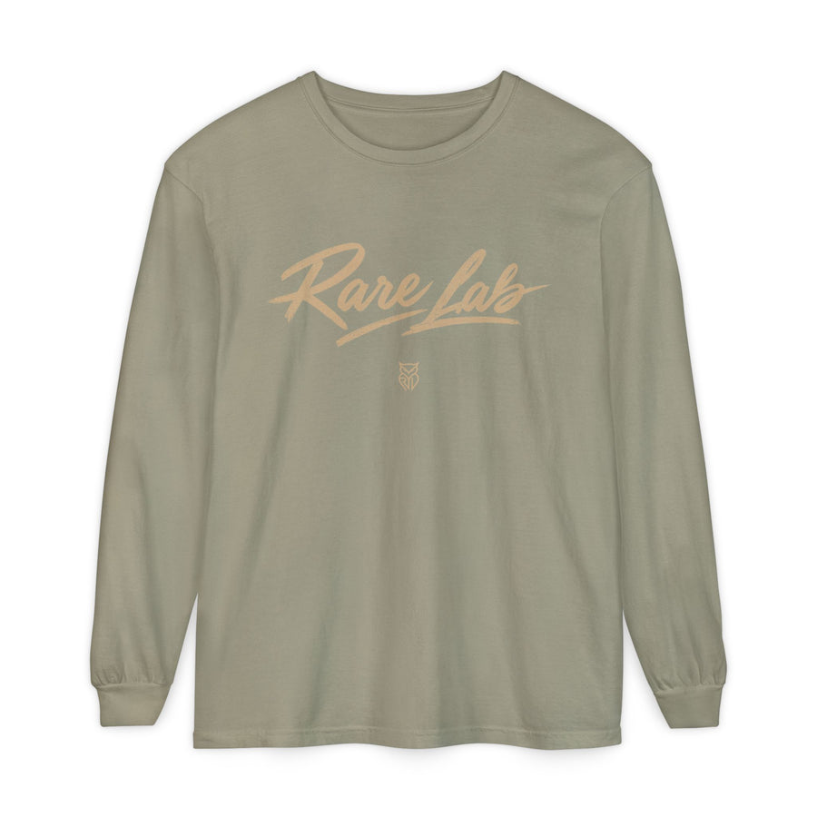 Rare Lab Script Logo garment-dyed long sleeve tee with the Rare Lab script logo