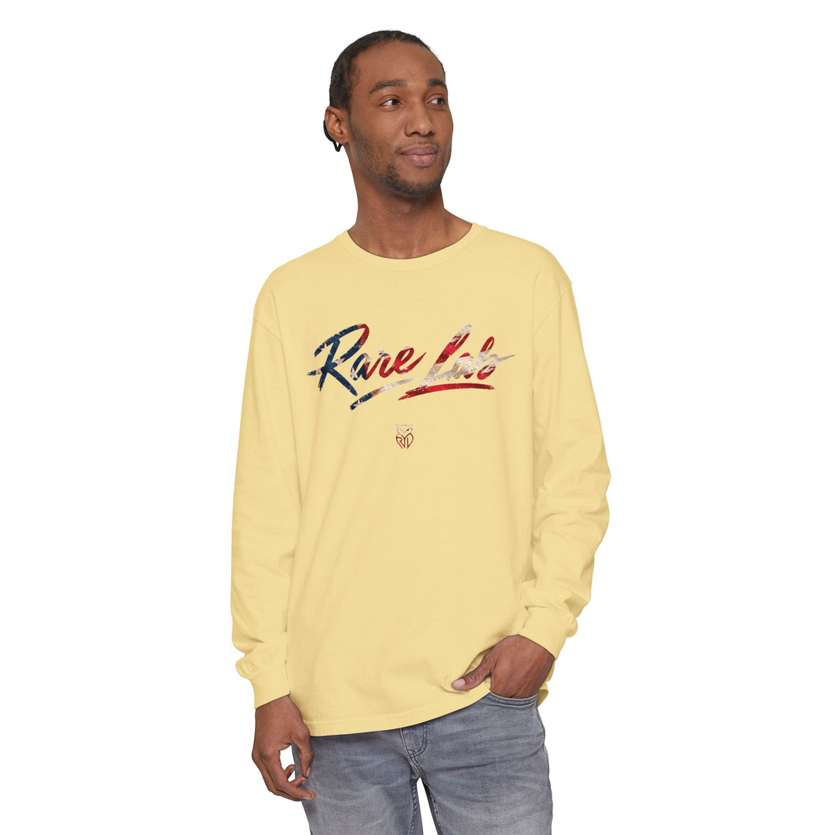 Rare Lab Brush Stroke American Flag long sleeve tee: brush stroke flag script across the chest
